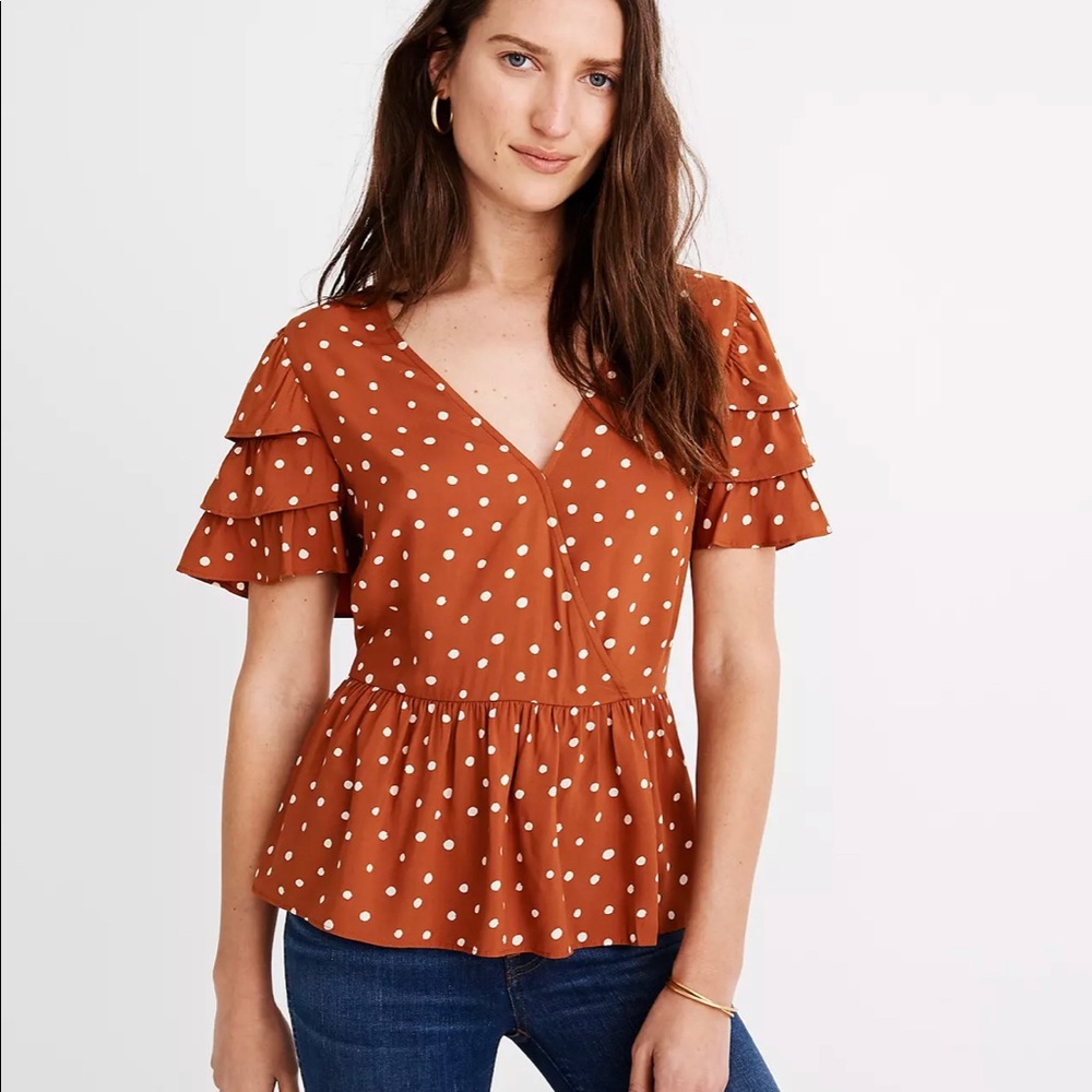 Madewell Tiered-Sleeve Peplum Top in Inkspot Dot